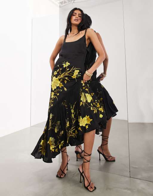 ASOS EDITION - Schuingesneden midi jurk met geborduurde bloemen en franjes in zwart