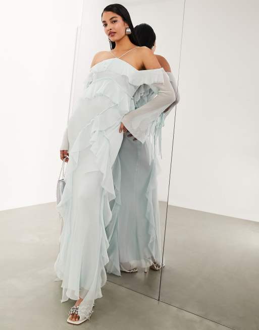 ASOS EDITION – Schulterfreies Maxikleid in Blau mit Neckholder 