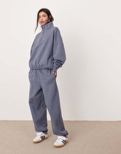ASOS EDITION – Schwere, hochwertige Oversize-Jogginghose und Oversize-Sweatshirt mit kurzem Reißverschluss in Schieferblau