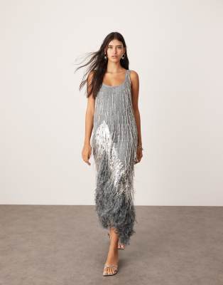 scoop neck embellished tassel midi dress with faux feather hem in silver gray-Multi
