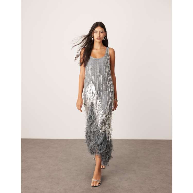 ASOS EDITION scoop neck embellished tassel midi dress with faux feather hem in silver gray