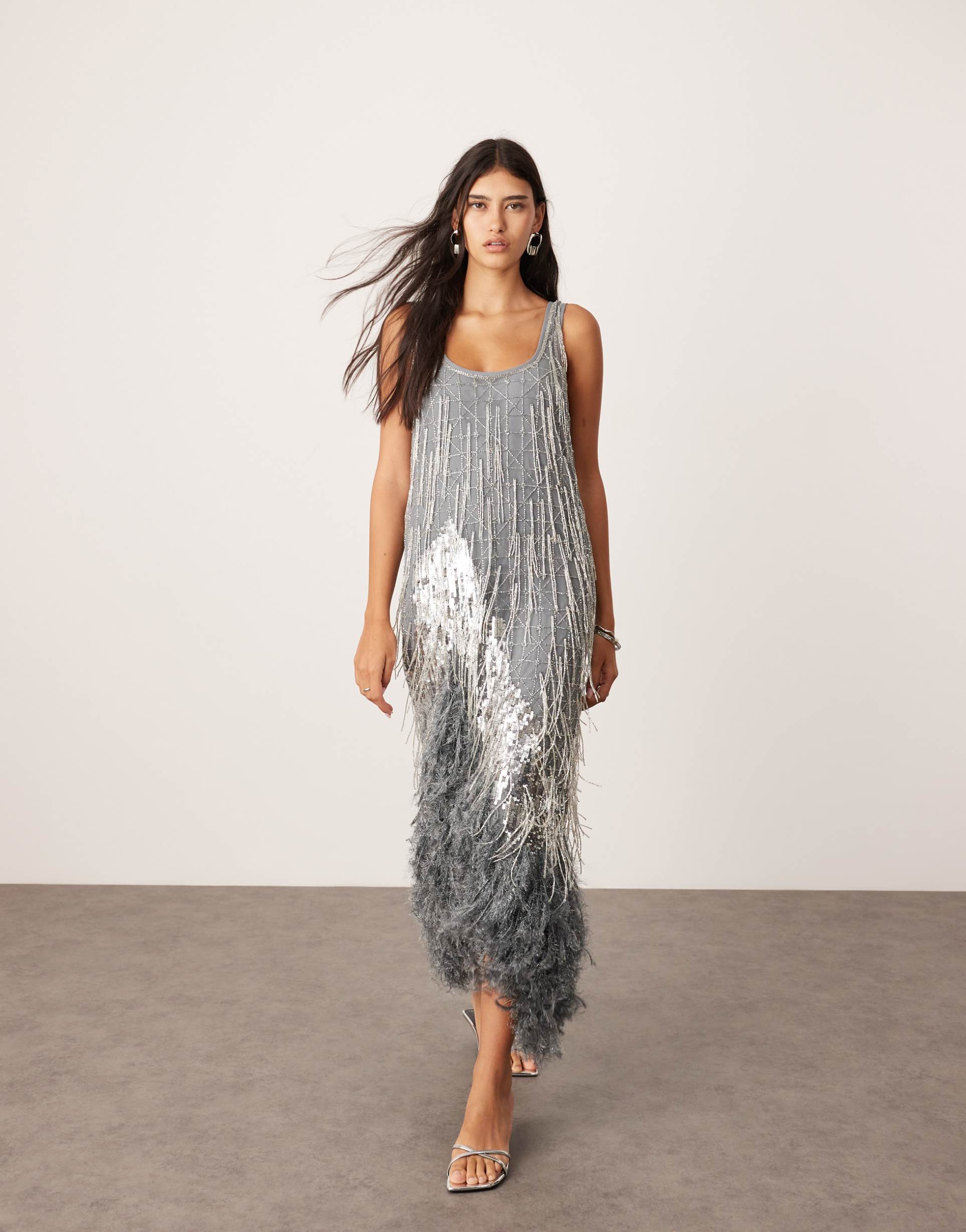 asos edition scoop neck embellished tassel midi dress with faux feather hem in silver gray