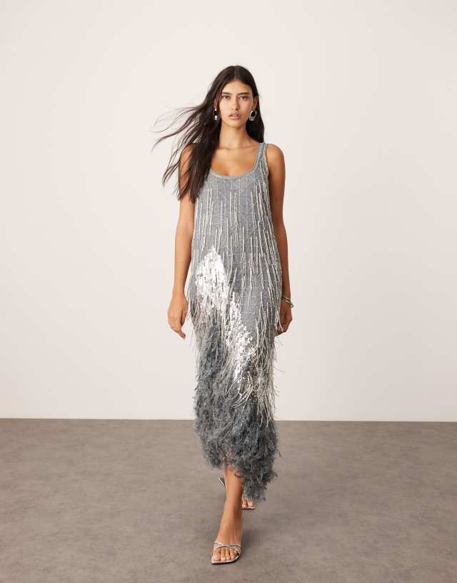 silver premium embellished bandeau tassel bodycon dress ASOS EDITION scoop neck midi with faux feather hem in gray orleans shoe co mid city color:Navy Blue Azazie Tierney Bandeau neck Detachable camisole