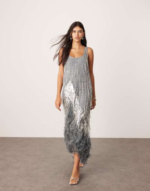 ASOS EDITION scoop neck embellished tassel midi dress with faux feather hem in silver grey ASOS