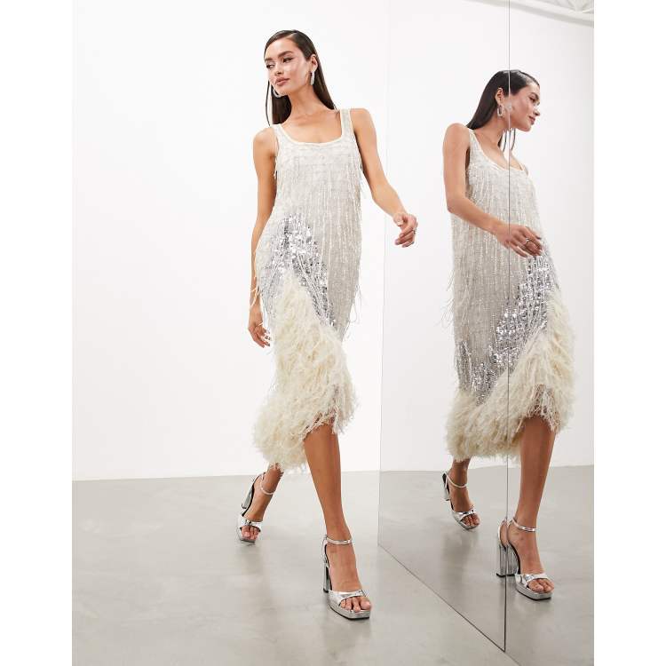 ASOS EDITION scoop neck embellished tassel midi dress with faux feather hem  in silver