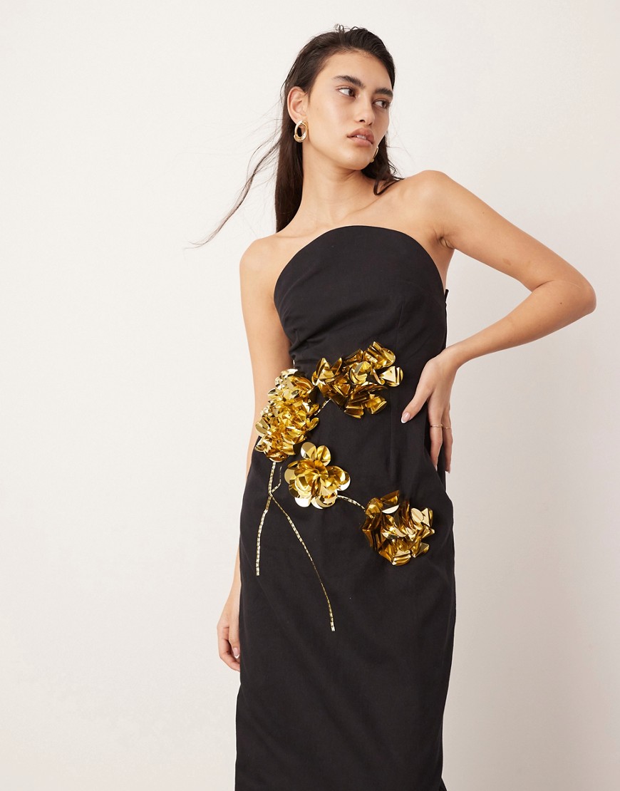 Asos Design Sculptural Floral Embellished Bandeau Column Midi Dress In Black