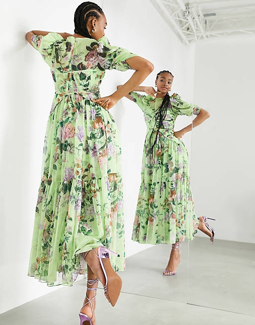 ASOS EDITION seamed corset bodice maxi dress in green floral print