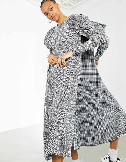 ASOS EDITION seersucker check midi dress with puff sleeve in black and white