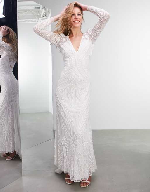 ASOS DESIGN Lennox sequin blouson sleeve wedding dress with train