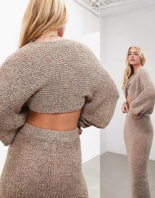 ASOS EDITION semi sheer twisted detail knitted long sleeve top in mocha, 3 of 4