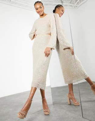 ASOS EDITION sequin and crystal fringe midi skirt in cream-White