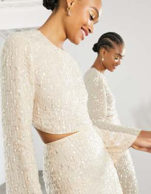 ASOS EDITION sequin and crystal fringe top in cream-White