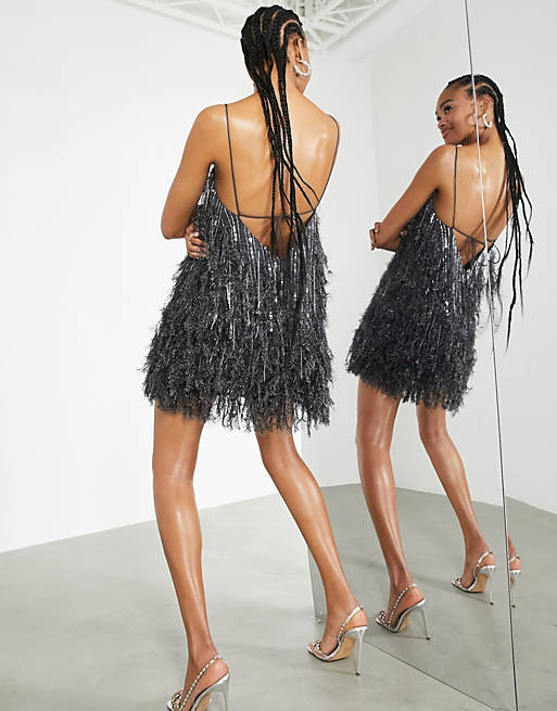 Kreet Delegatie Voorganger ASOS EDITION sequin and faux feather mini dress with low back in charcoal |  ASOS
