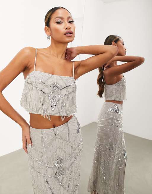 ASOS Edition Sequin and Fringe Artwork Cami Top in Pale Gray