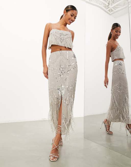 ASOS EDITION pearl embellished midi skirt in silver