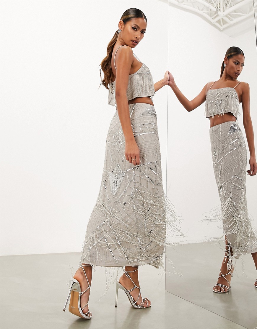 ASOS EDITION sequin and fringe artwork midi skirt in pale grey