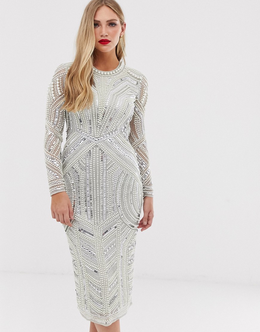 ASOS EDITION sequin and pearl midi bodycon dress with cut out back-Grey