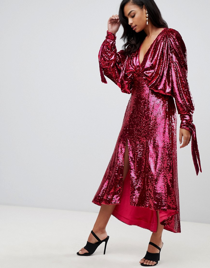 ASOS EDITION sequin batwing midi dress with bow detail-Pink
