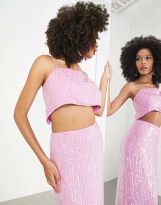 Asos Design Sequin Cami Crop Top In Pink