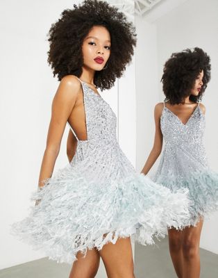 ASOS EDITION sequin cami mini dress with faux feather hem in ice blue - ASOS Price Checker