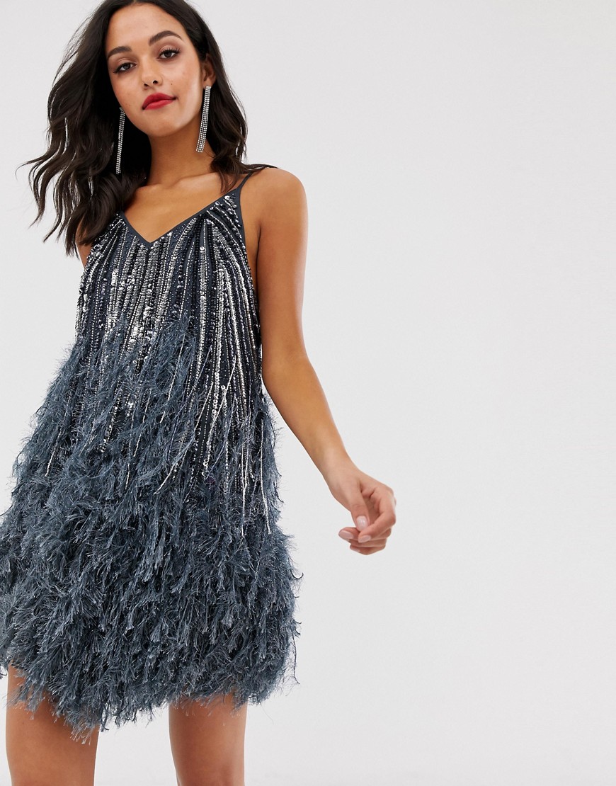 ASOS EDITION sequin cami mini dress with faux feather hem-Multi