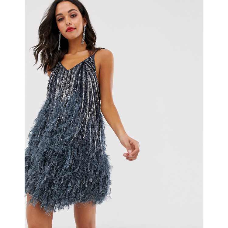 ASOS EDITION sequin and faux feather mini dress with low back in charcoal