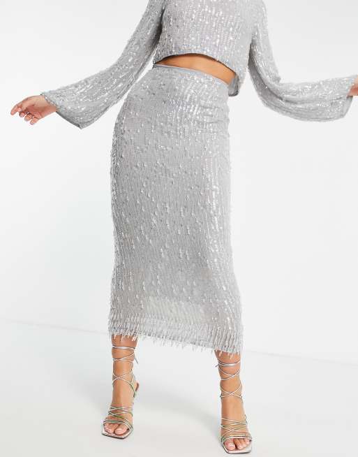 ASOS EDITION sequin & crystal fringe midi skirt in gray, 2 of 4