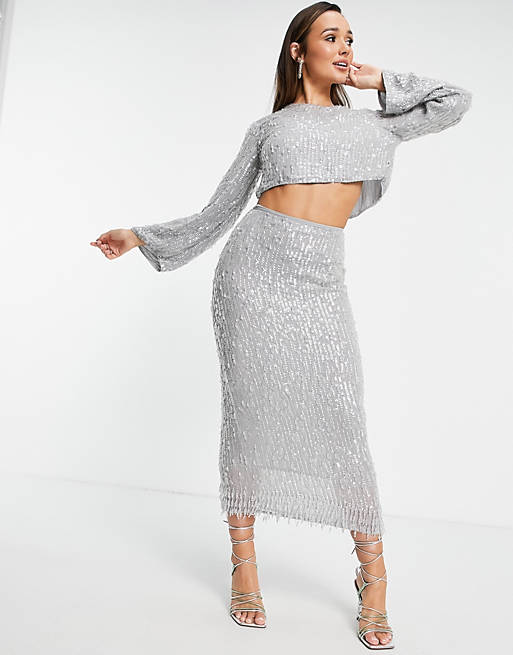 ASOS EDITION sequin & crystal fringe midi skirt in grey