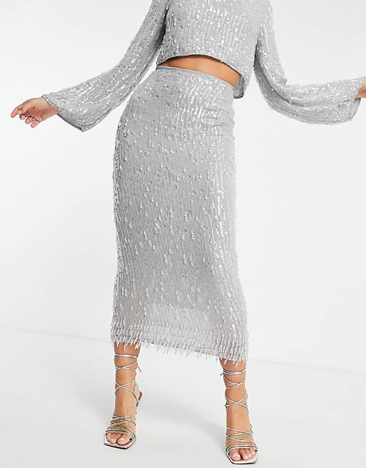 Women sequin & crystal fringe midi skirt in grey 