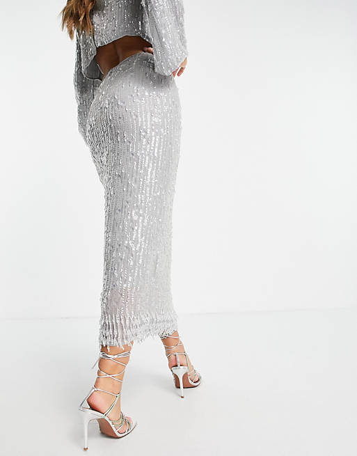 Women sequin & crystal fringe midi skirt in grey 