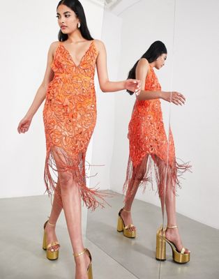 Shop Asos Design Sequin Cutwork Cami Midi Dress With Fringe Hot Orange