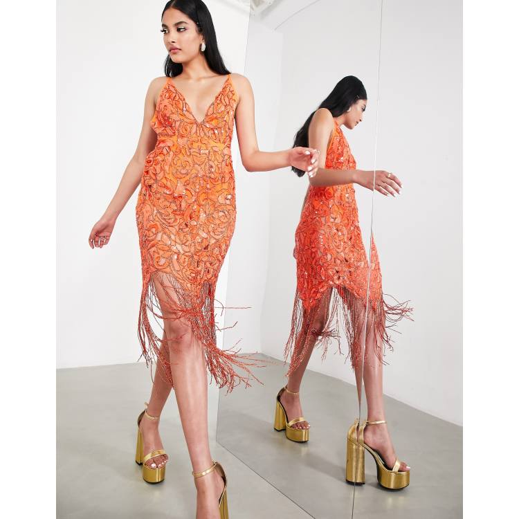 Asos orange store fringe dress