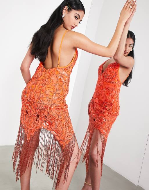 ASOS EDITION sequin cutwork cami midi dress with fringe hot orange