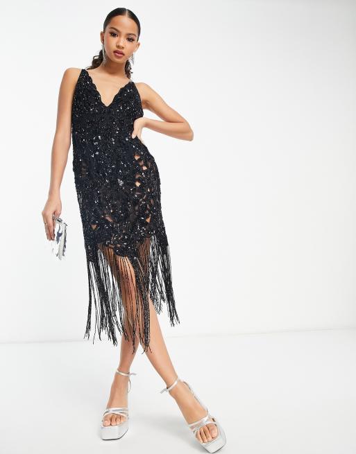 ASOS EDITION sequin cutwork cami midi dress with fringe in black