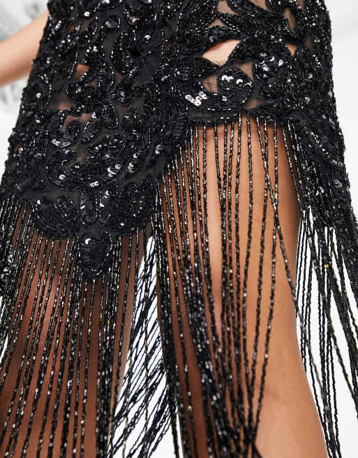 ASOS EDITION sequin cutwork cami midi dress with fringe in black