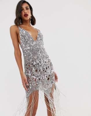 asos edition sequin & fringe cut out midi dress