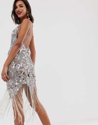 asos edition sequin & fringe cut out midi dress