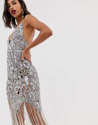 asos edition sequin & fringe cut out midi dress