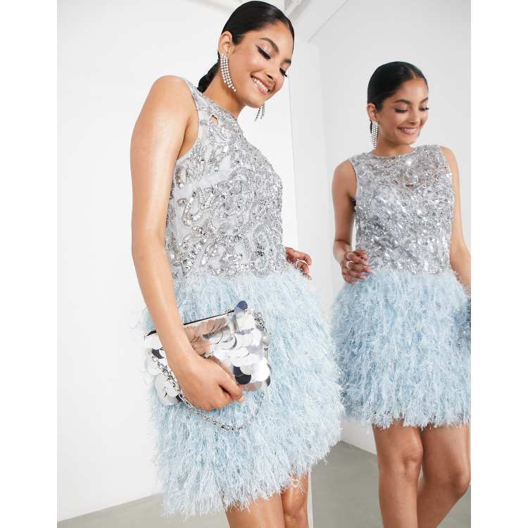 Ostrich Feather Embellished Flared Mini Dress in Baby Blue Ombre