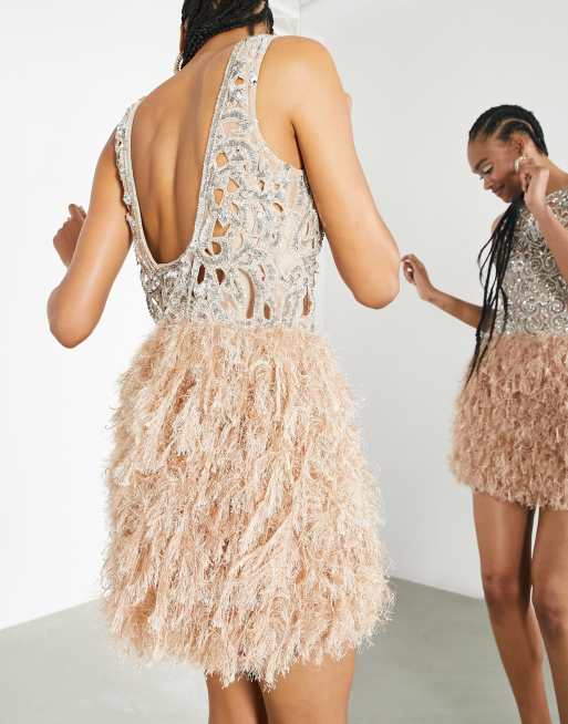 ASOS EDITION sequin cutwork mini dress with faux feather hem in pink