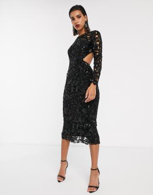 ASOS EDITION sequin cutwork open back midi dress-Black