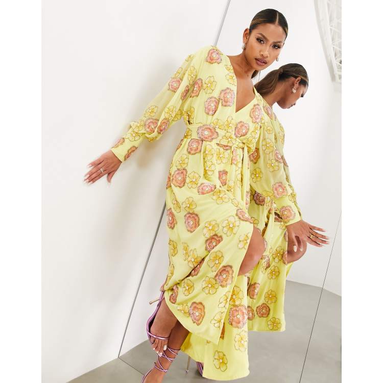 ASOS EDITION sequin floral wrap midi dress in yellow ASOS