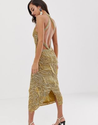 gold fringe sequin midi dress