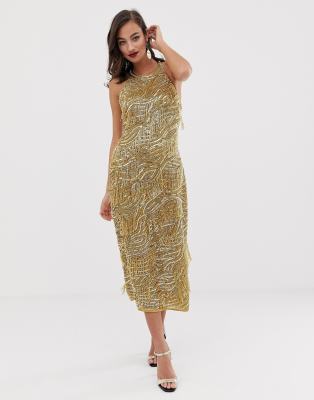 asos edition sequin & fringe cut out midi dress