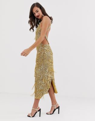 asos edition sequin & fringe cut out midi dress