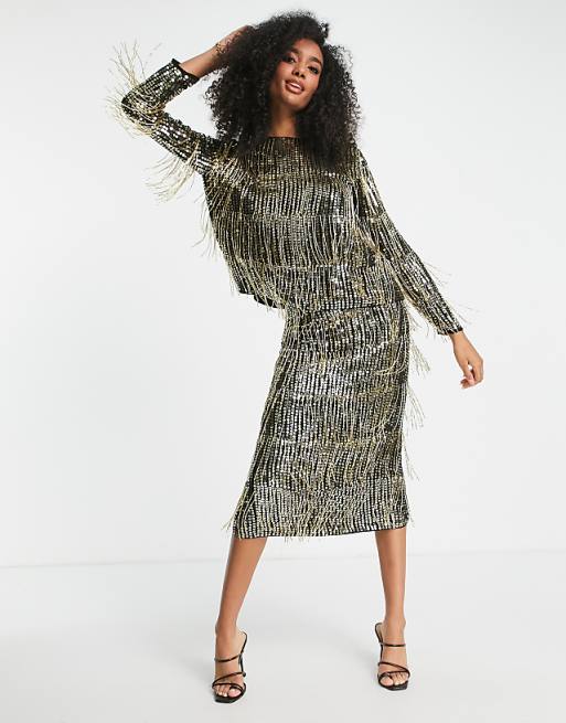 ASOS EDITION sequin & fringe midi pencil skirt | ASOS