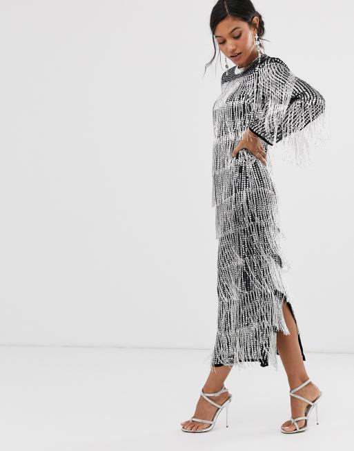 Asos edition sequin & store fringe cut out midi dress