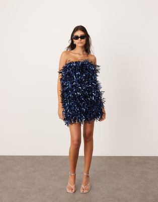 ASOS EDITION sequin fringe mini bandeau dress in navy-Multi