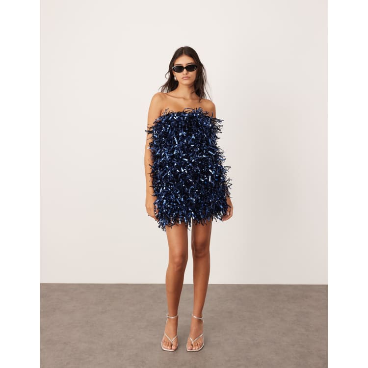 ASOS EDITION sequin fringe mini bandeau dress in navy ASOS