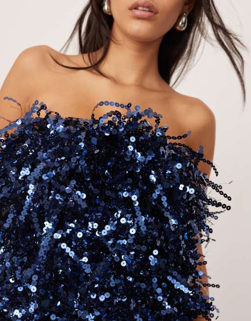 ASOS EDITION sequin fringe mini bandeau dress in navy